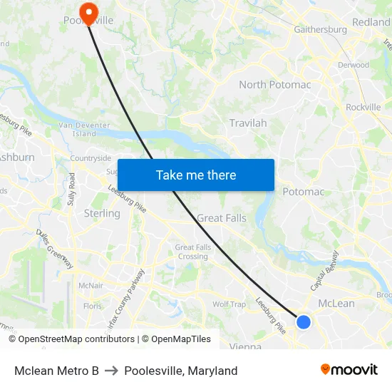 Mclean Metro B to Poolesville, Maryland map