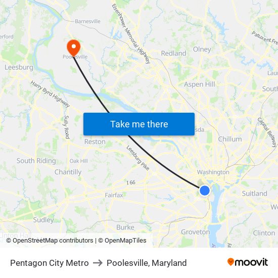 Pentagon City Metro to Poolesville, Maryland map