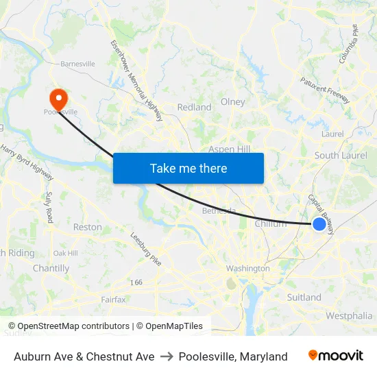 Auburn Ave & Chestnut Ave to Poolesville, Maryland map