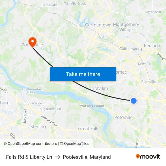 Falls Rd & Liberty Ln to Poolesville, Maryland map