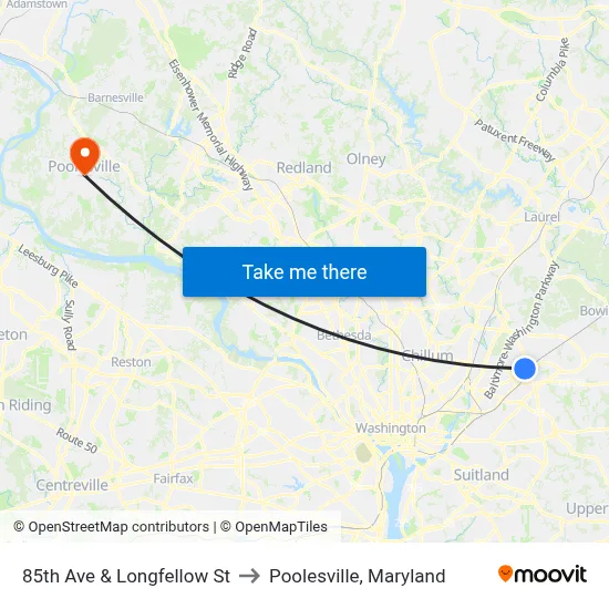 85th Ave & Longfellow St to Poolesville, Maryland map