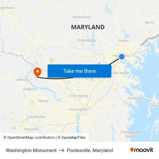 Washington Monument to Poolesville, Maryland map