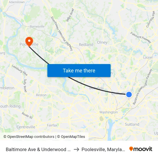 Baltimore Ave & Underwood St to Poolesville, Maryland map