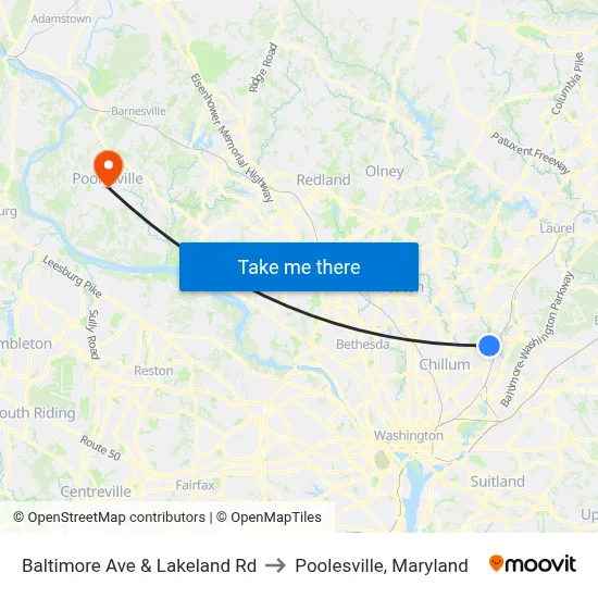 Baltimore Ave & Lakeland Rd to Poolesville, Maryland map