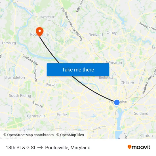 18th St & G St to Poolesville, Maryland map