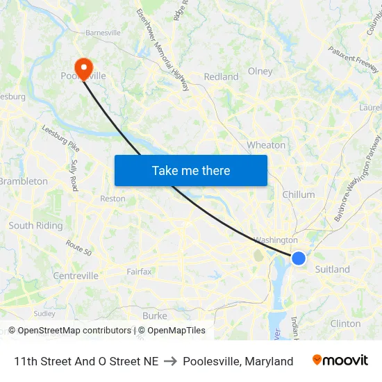 11th Street And O Street NE to Poolesville, Maryland map