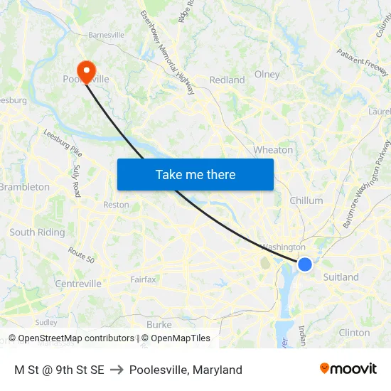 M St @ 9th St SE to Poolesville, Maryland map