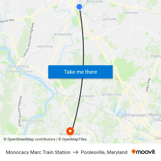 Monocacy Marc Train Station to Poolesville, Maryland map