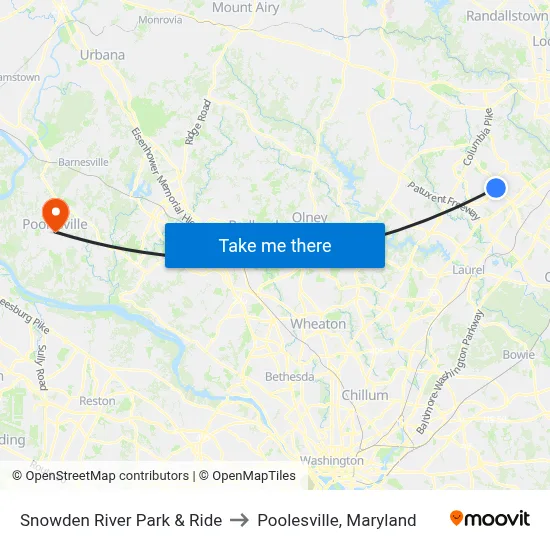 Snowden River Park & Ride to Poolesville, Maryland map