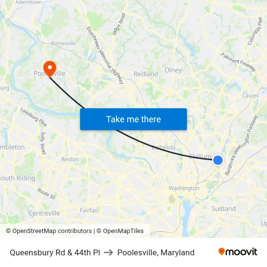 Queensbury Rd & 44th Pl to Poolesville, Maryland map
