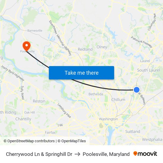 Cherrywood Ln & Springhill Dr to Poolesville, Maryland map