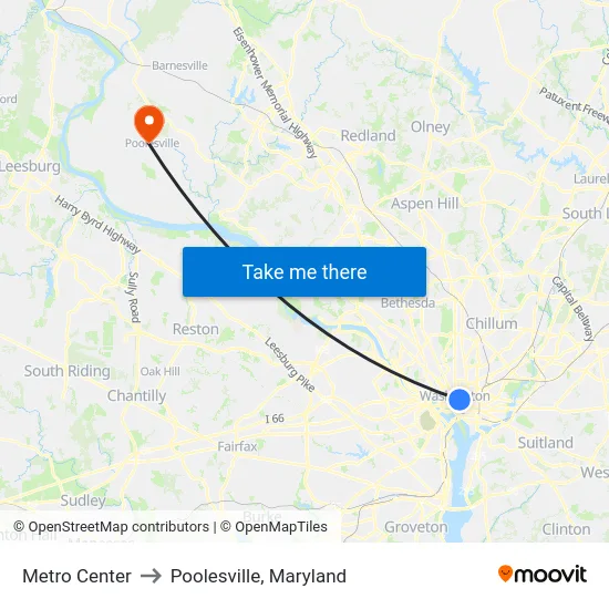 Metro Center to Poolesville, Maryland map