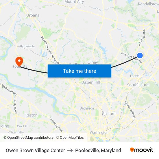 Owen Brown Village Center to Poolesville, Maryland map