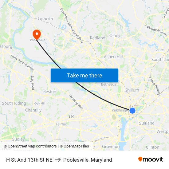 H St And 13th St NE to Poolesville, Maryland map