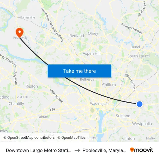 Downtown Largo Metro Station to Poolesville, Maryland map