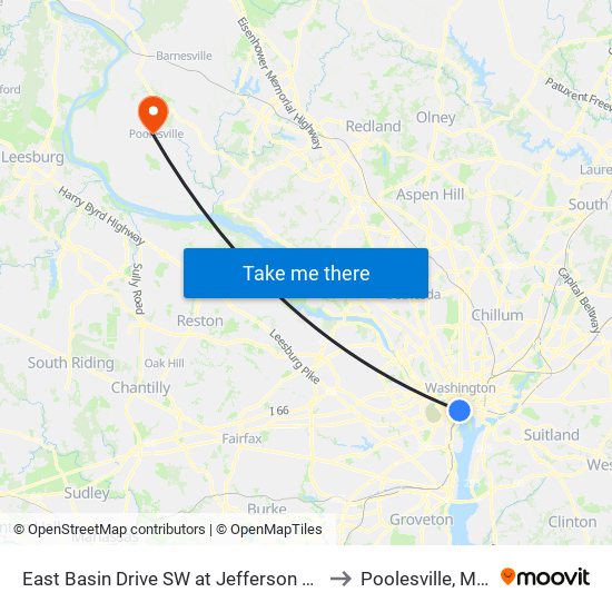 East Basin Drive SW at Jefferson Memorial (Wb) to Poolesville, Maryland map