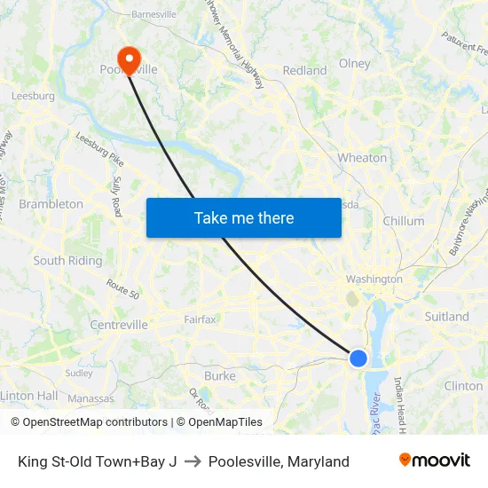King St-Old Town+Bay J to Poolesville, Maryland map