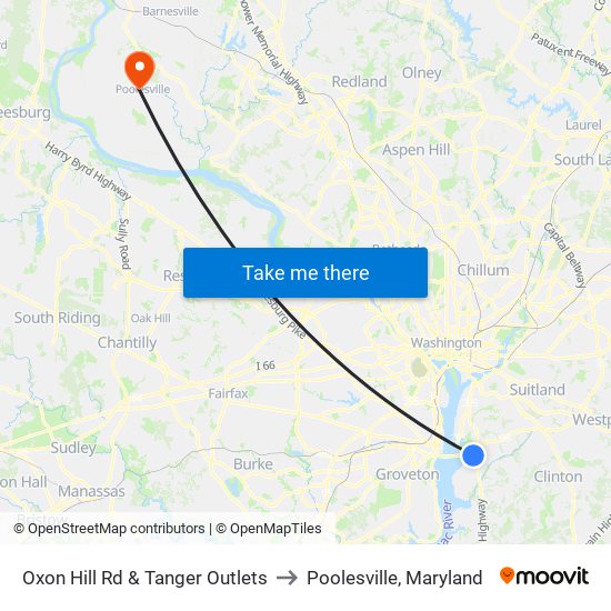 Oxon Hill Rd & Tanger Outlets to Poolesville, Maryland map