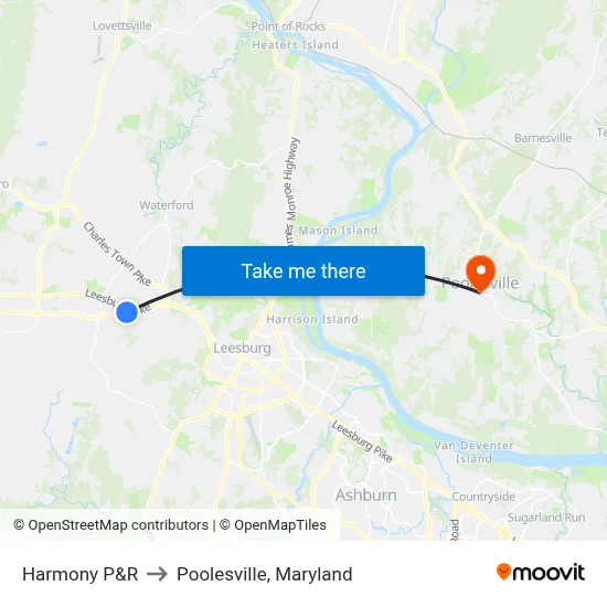 Harmony P&R to Poolesville, Maryland map