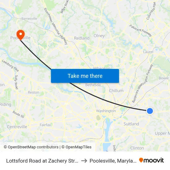Lottsford Road at Zachery Street to Poolesville, Maryland map