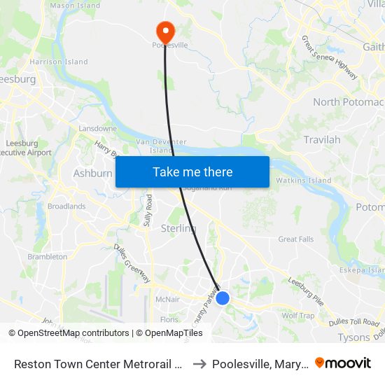 Reston Town Center Metrorail Station to Poolesville, Maryland map