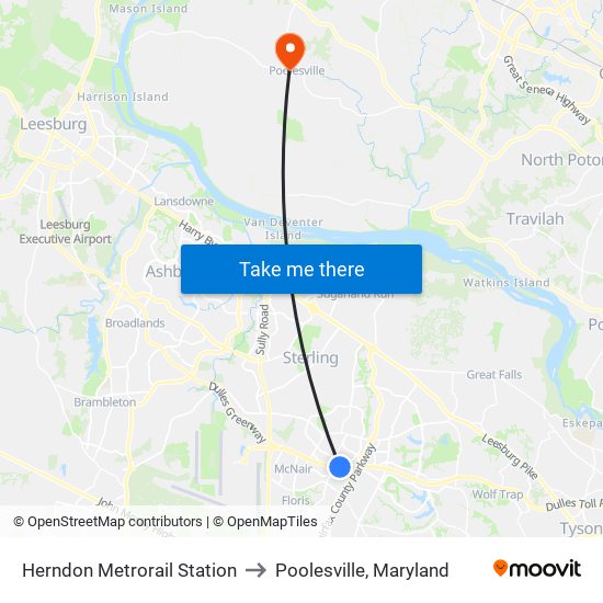Herndon Metrorail Station to Poolesville, Maryland map