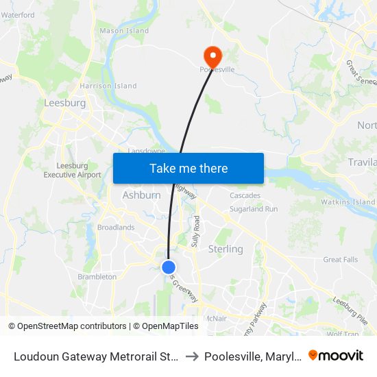 Loudoun Gateway Metrorail Station to Poolesville, Maryland map