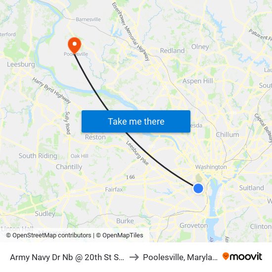 Army Navy Dr Nb @ 20th St S FS to Poolesville, Maryland map