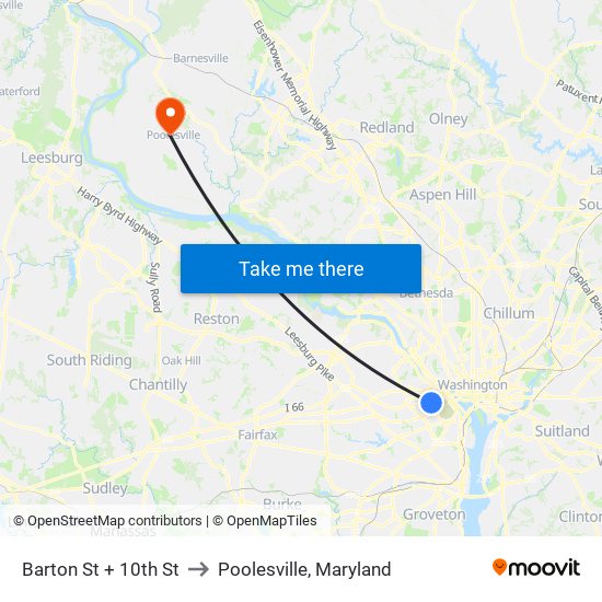 Barton St + 10th St to Poolesville, Maryland map