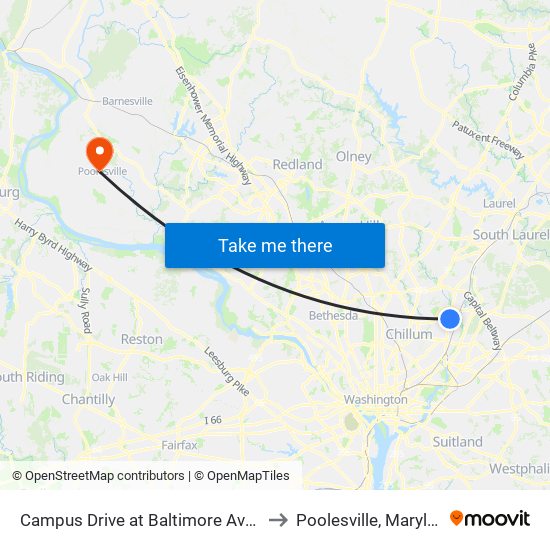 Campus Drive at Baltimore Avenue to Poolesville, Maryland map