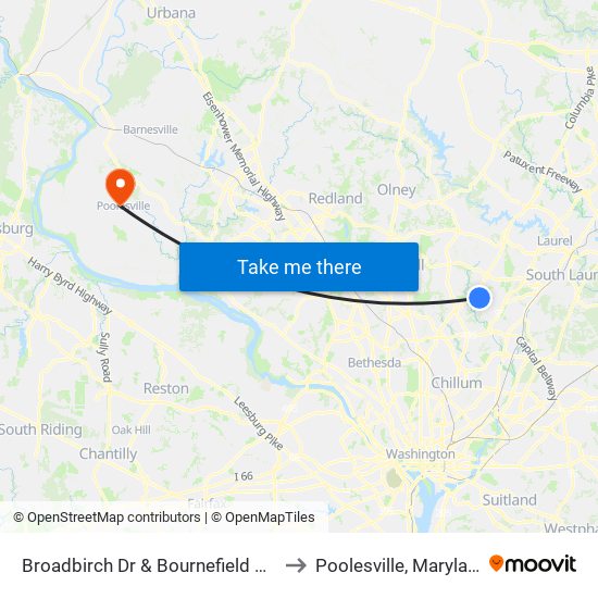 Broadbirch Dr & Bournefield Way to Poolesville, Maryland map