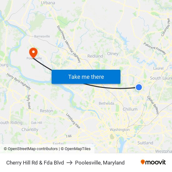 Cherry Hill Rd & Fda Blvd to Poolesville, Maryland map