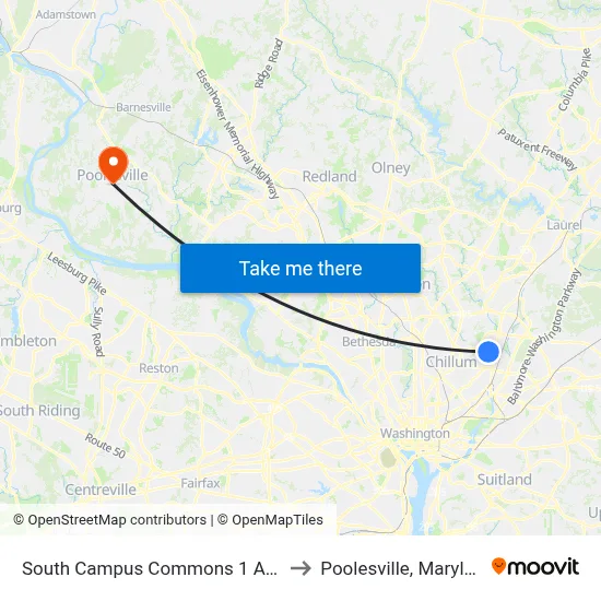 South Campus Commons 1 And 2 to Poolesville, Maryland map