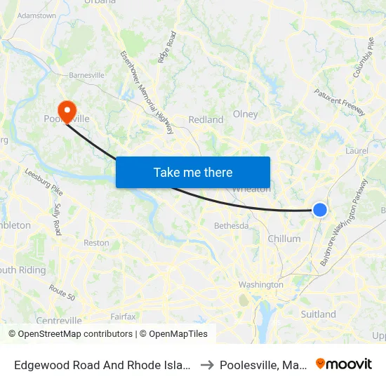 Edgewood Road And Rhode Island Avenue to Poolesville, Maryland map