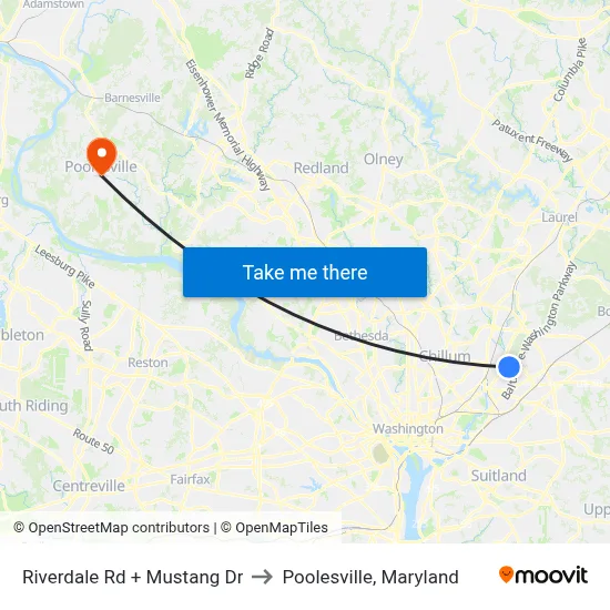 Riverdale Rd + Mustang Dr to Poolesville, Maryland map