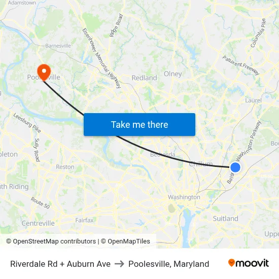Riverdale Rd + Auburn Ave to Poolesville, Maryland map