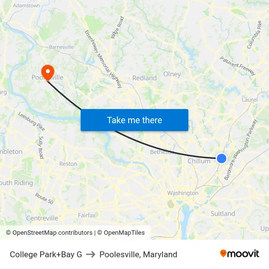 College Park+Bay G to Poolesville, Maryland map
