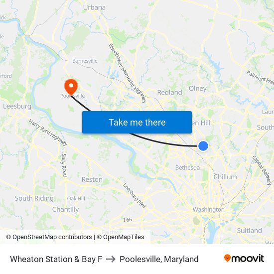 Wheaton Station & Bay F to Poolesville, Maryland map