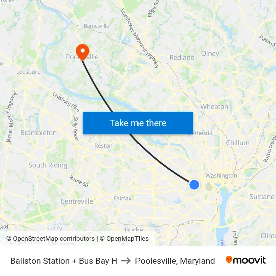 Ballston Station + Bus Bay H to Poolesville, Maryland map