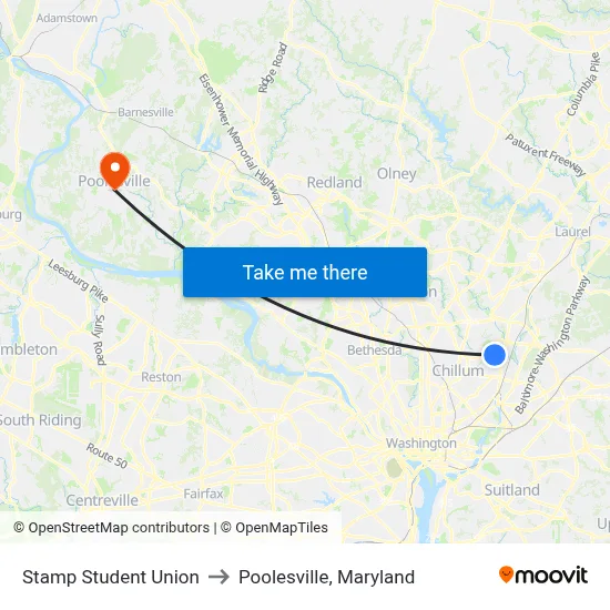 Stamp Student Union to Poolesville, Maryland map
