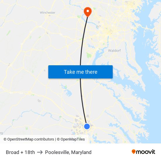 Broad + 18th to Poolesville, Maryland map