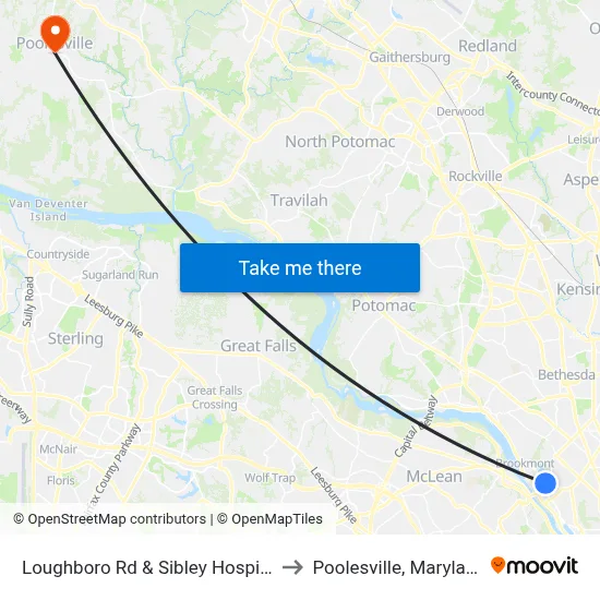 Loughboro Rd & Sibley Hospital to Poolesville, Maryland map