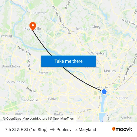 7th St & E St (1st Stop) to Poolesville, Maryland map