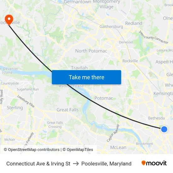 Connecticut Ave & Irving St to Poolesville, Maryland map