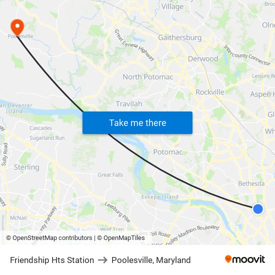 Friendship Hts Station to Poolesville, Maryland map