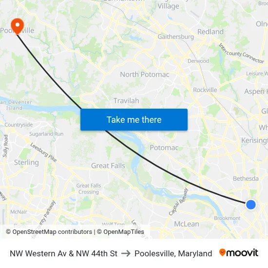 NW Western Av & NW 44th St to Poolesville, Maryland map