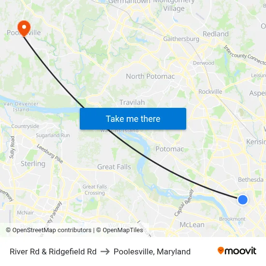 River Rd & Ridgefield Rd to Poolesville, Maryland map