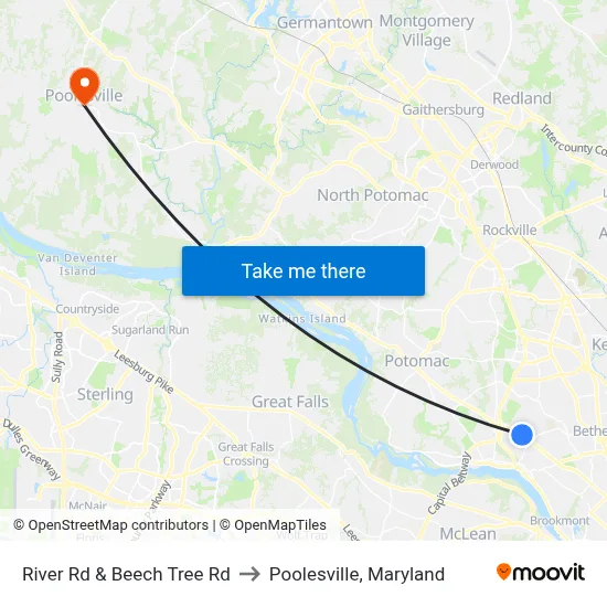River Rd & Beech Tree Rd to Poolesville, Maryland map