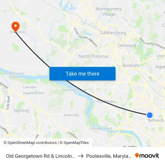Old Georgetown Rd & Lincoln St to Poolesville, Maryland map