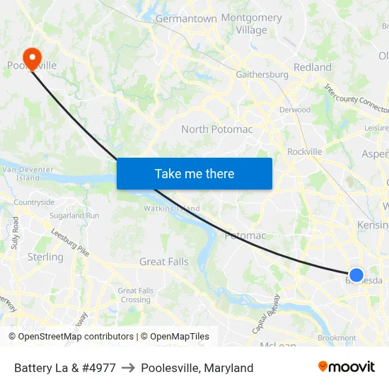 Battery La & #4977 to Poolesville, Maryland map